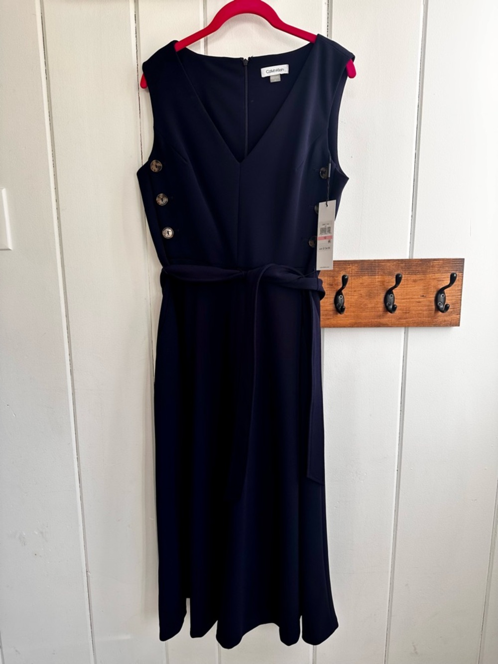 Calvin Klein Dark Navy V-Neck Sleeveless Midi Dress with Side Buttons